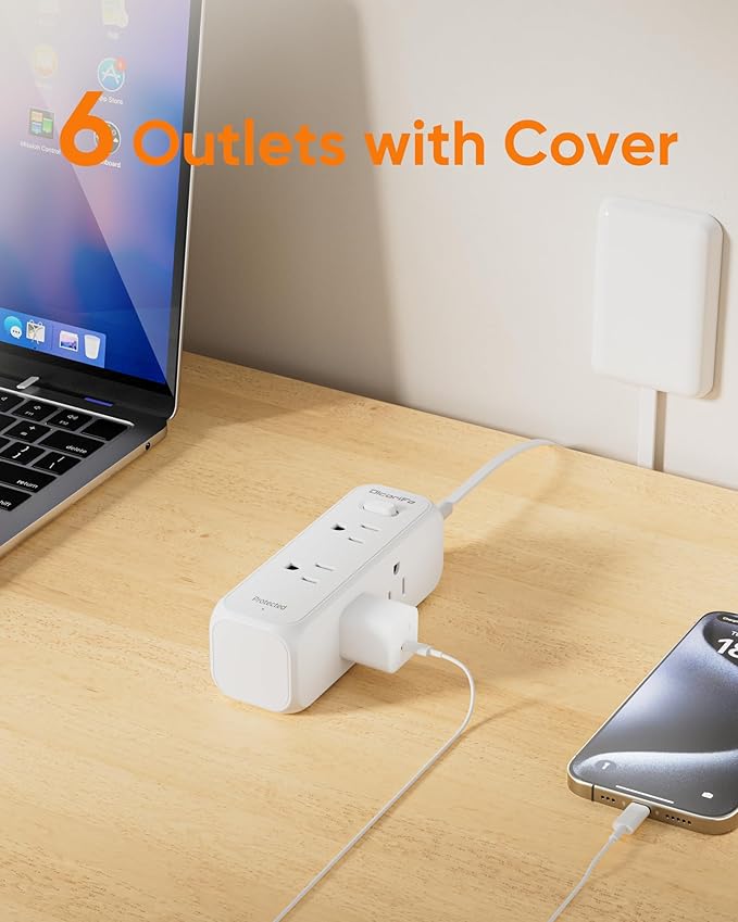 Flat Outlet Extender with Cover, Flat Plug Power Strip with 6 AC Outlets, 2000 Joules Surge Protector, 5FT Flat Extension Cord, Home Office Travel Dorm Room Essentials