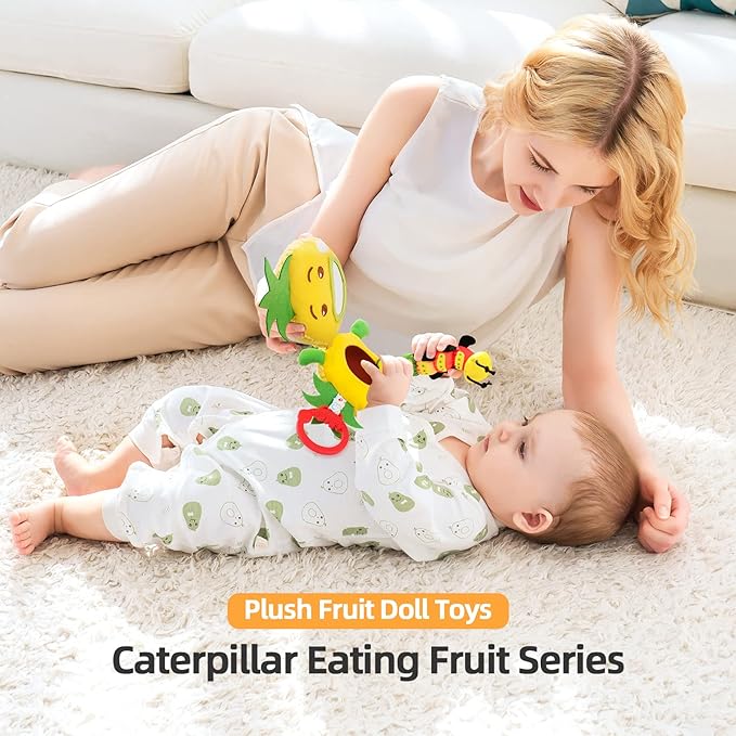 Jollybaby Newborn Plush Stuffed Fruit Rattle Toy for Stroller Car Seat Crib, Montessori Sensory Plush Pineapple Toy with Rattle and Mirro Toy for Baby 0-6-12 Month, Infant Baby Boy & Girl Shower Gift