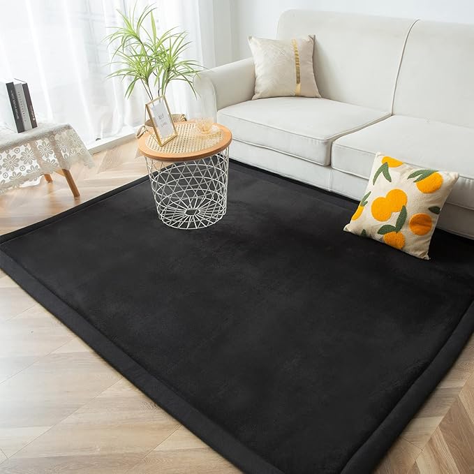 MAXYOYO Black Coral Velvet Area Rug, Thick Japanese Tatami Mat Living Room Carpet with Non-Slip Backing, Large Solid Color Mat for Bedroom Dormitory Yoga, 49 by 49 inch