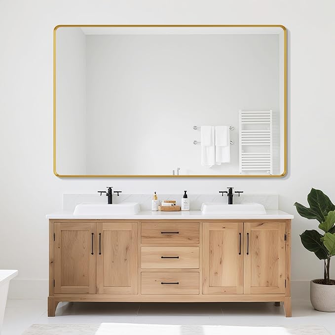 Suidia Bathroom Mirror, 36" x 55" Wall Mirror Metal Framed, Bathroom Vanity Mirror for Living Room Bedroom Bathroom Entryway, Gold, Rounded Corner Style