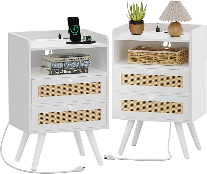 SUPERJARE 2 Drawer Night Stand with Charger Station, Boho Rattan Nightstand Set of 2, 25.2 Inch Tall Bed Side Table with Solid Wood Feet, End Table, Open Storage, Synthetic Rattan, for Dorm, White