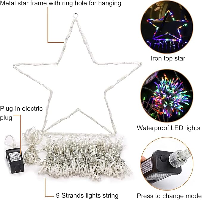 FUNIAO (New) Christmas Decoration Lights, 320 LED Waterproof String Lights with Star Topper, 8 Light Modes for Christmas Tree Decoration, Holiday, Wedding (Multicolor)
