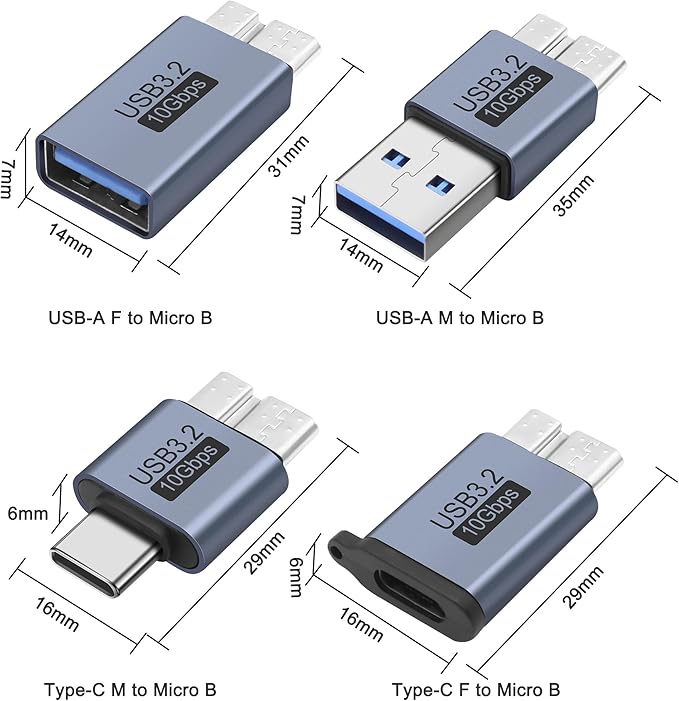 MEIRIYFA USB Micro B to USB A/C Hard Drive Converter 10Gbps USB 3.2 Micro B Male to USB A/Type C Male Female Extension Adapter Support Charge and Data Syncfor for Hard Drives,SSD Drives, Laptop