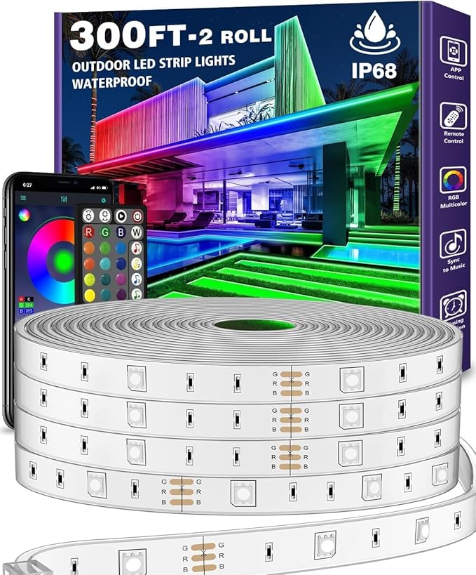 AILBTON 300ft Outdoor LED Strip Lights Waterproof,IP68 Outside Led Light Strips Waterproof with Bluetooth App Remote Control,Music Sync RGB Exterior Led Rope Lights,for Balcony,Deck,Roof,Garden,Pool