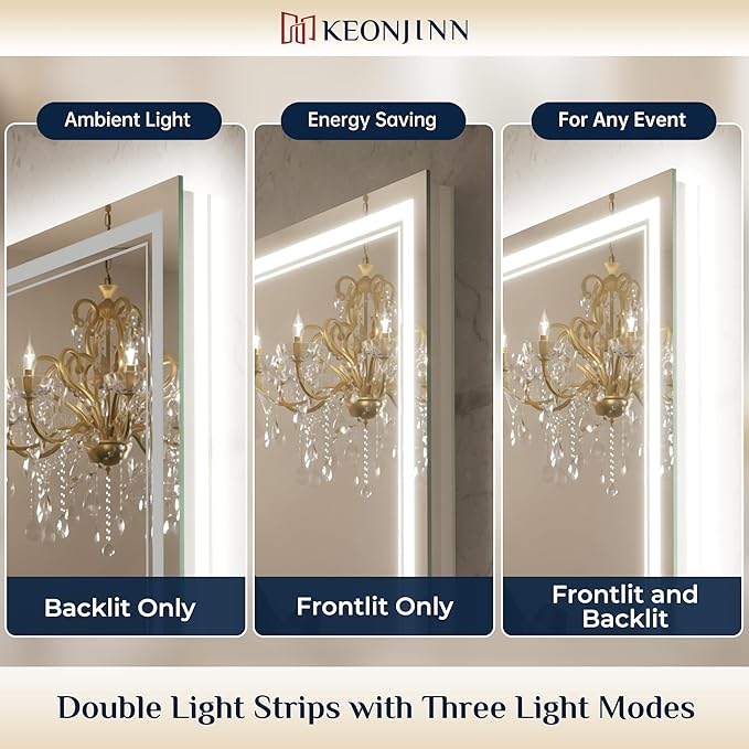 Keonjinn LED Bath Mirror 40” x 36” with Frontlit and Backlit, Stepless 3 Colors Temperature & Dimmable Vanity Mirror, UL Listed LED Driver, Double Light Strips, Anti-Fog Wall Mirror with Lights
