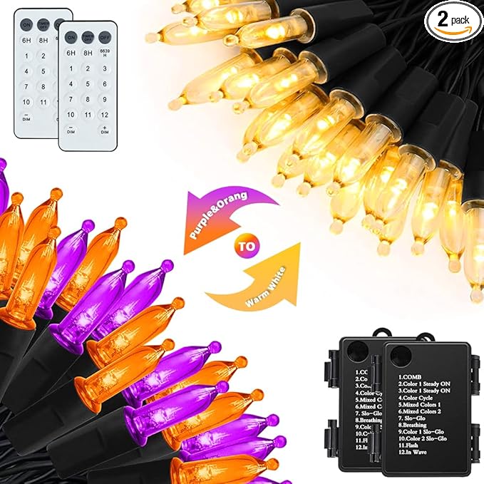 KOUQIYA Battery Halloween Lights 2 Pack, 17ft 50 LED Dual Color Changing Mini String Light with 3 Auto-Timer Options and12 Lighting Modes Waterproof Tree Lights (Orange Purple & Warm White)