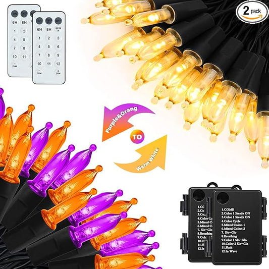 KOUQIYA Battery Halloween Lights 2 Pack, 17ft 50 LED Dual Color Changing Mini String Light with 3 Auto-Timer Options and12 Lighting Modes Waterproof Tree Lights (Orange Purple & Warm White)