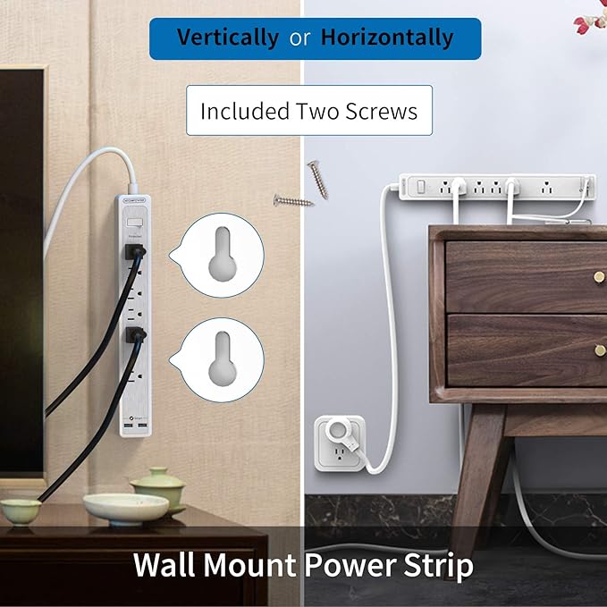 25ft Extension Cord Power Strip, 6 Outlets Surge Protector with 2 USB Ports, 15 A Circuit Breaker, Widely Spaced Outlet, Long Power Strip with Flat Plug Wall Mount for Home Office, Old House