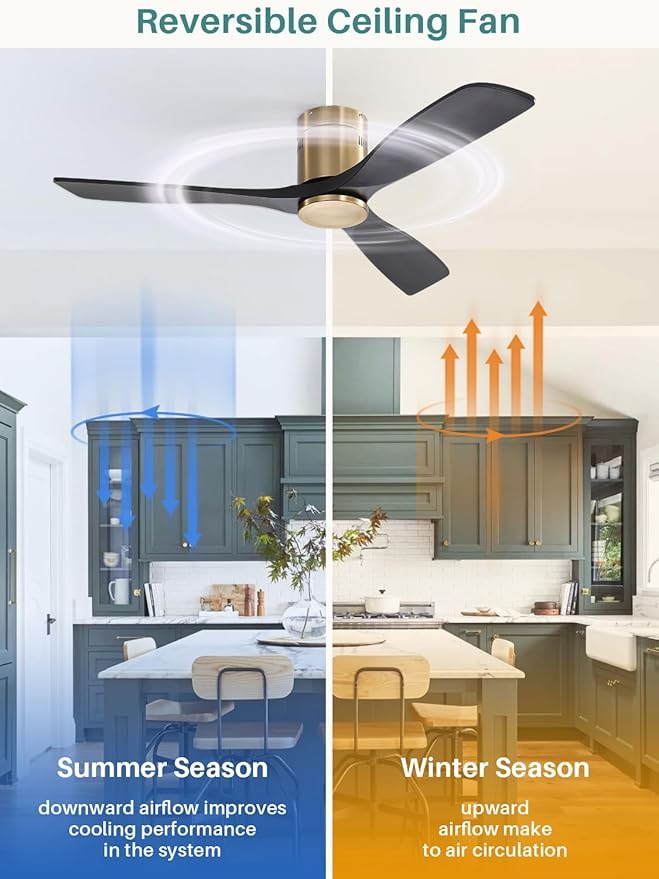 Sofucor 52 Inch Solid Wood Ceiling Fan Without Lights Flush Mount Ceiling Fans with Remote Control-Wood Blades Modern Outdoor Ceiling Fan No Light for Bedroom/Farmhouse/Patio/Indoor, Black Gold