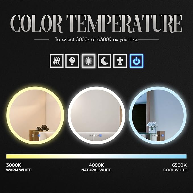 LED Round Vanity Mirror, Wall Mounted Lighted Vanity Makeup Mirror with Anti Fog Dimmable Touch Button Adjustable Color Temperature Memory Function 39 Inch by Fab Glass and Mirror