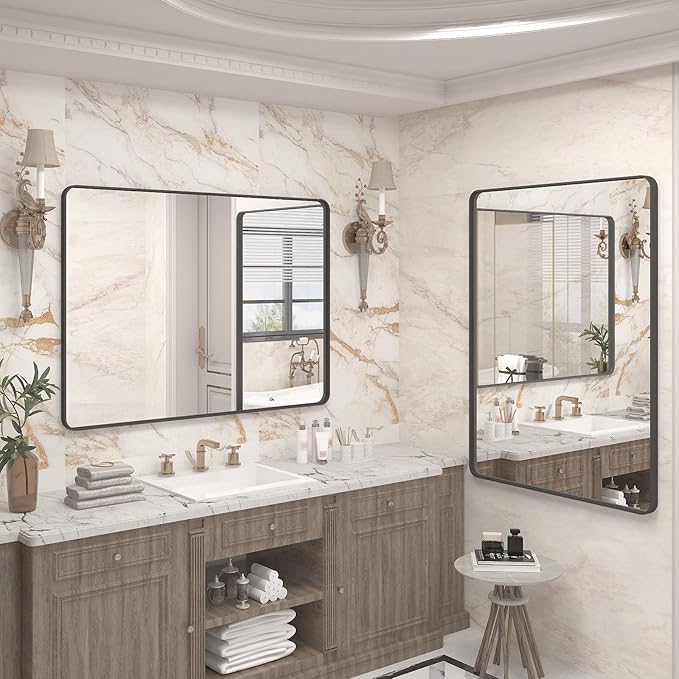 44x32 Inch Black Metal Framed Bathrrom Mirror for Wall, Black Rounded Rectangle Mirror, Matte Black Bathroom Vanity Mirror, Anti-Rust, Tempered Glass, Hangs Horizontally or Vertically