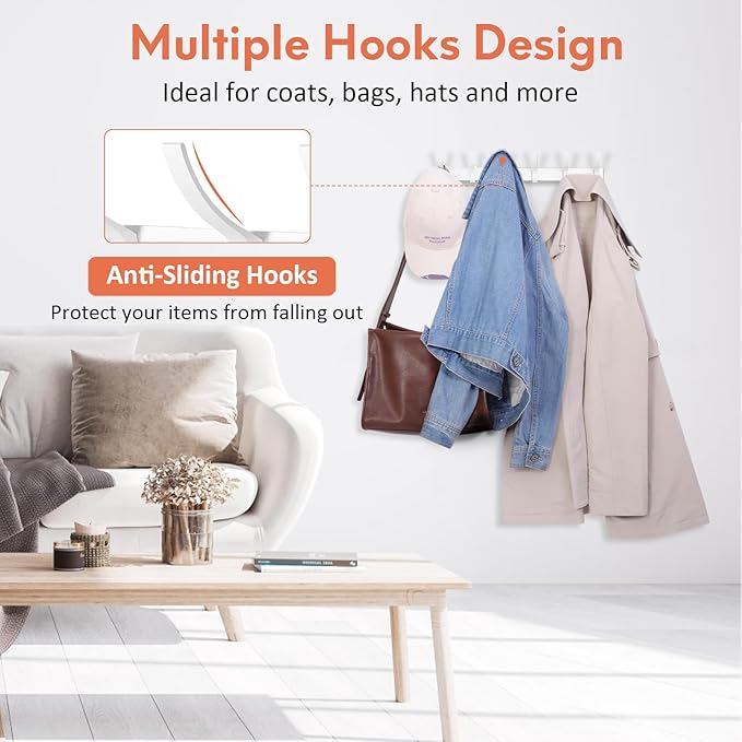 Coat Rack Wall Mount, Coat Hook Wall Mount, Wall Hooks for Hanging, Hat Rack for Walls, Coats Hanger with 12 Hook, Towel Hooks for Bathrooms (1 Pack, White)