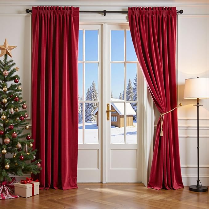 Lazzzy Velvet Blackout Curtains Thermal Insulated Room Window Drapes Super Soft Luxury Curtains for Living Room Bedroom Rod Pocket 2 Panels, Red, 52" W x 108" L
