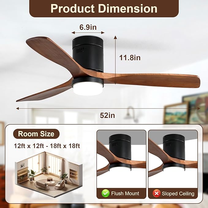 Sofucor 52 Inch Ceiling Fans with Lights, Flush Mount Ceiling Fan with Lights Remote Control, Indoor/Outdoor Ceiling Fan Light, Reversible DC Motor, 3 Blade Solid Wood Ceiling Fans for Bedroom Patio