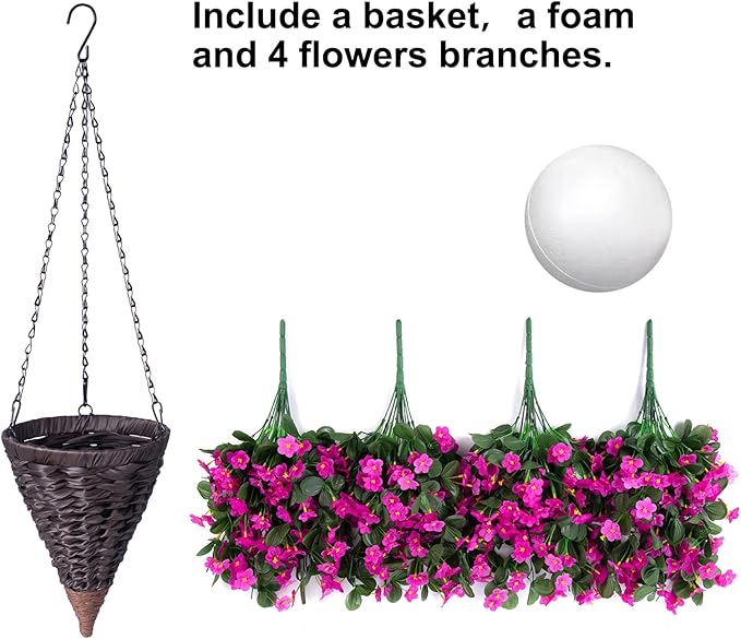 Artificial Faux Silk Hanging Flowers Plants Baskets for Outdoor Outside Spring Summer Decoration, Fake UV Resistant Look Real Fuchsia Orchid Trailing Vines for Porch Patio Home