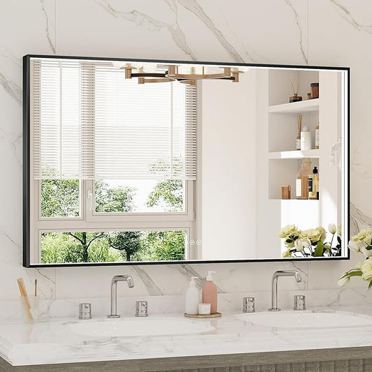 48x28 Inch LED Bathroom Mirror, Black Metal Framed Lighted Mirror for Bathroom, Wall Mouted LED Vanity Mirror with Lights, 3 Colors and Stepless Dimmable, Anti-Fog, Memory