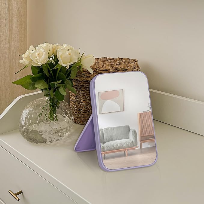 10Pcs Table Desk Vanity Makeup Mirror, 8-Inch Simple Portable Travel Mirror with Stand, Standing and Wall Hanging Dual-use Purple