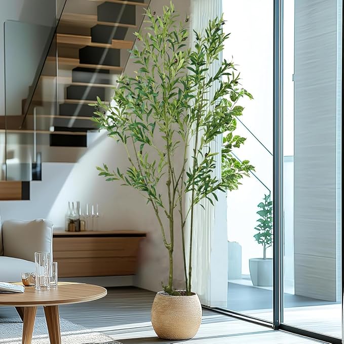 Faux Olive Tree 7ft(84in) Tall Artificial Plant Indoor Decor Large Realistic Potted Fake Modern Greenery with Natural Wood Branches and Green Leaves for Home Living Room,Bedroom,Office Decor.