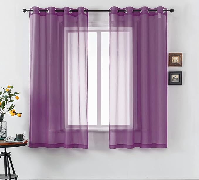 DUALIFE Dark Purple Curtains 63 Inch Length for Bedroom Girls 2 Panels Set Grommet Semi Transparent Window Drapes Sheer Voile Royal Purple Thin Curtains for Living Room Violet Plum 52x63 Inches
