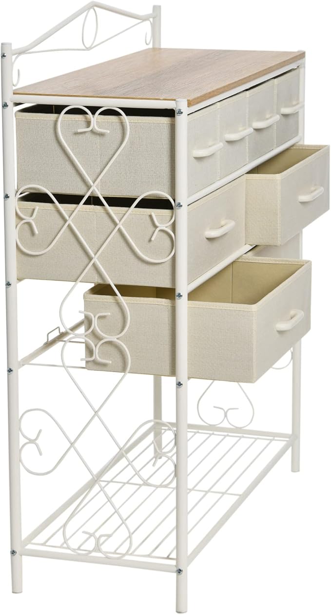Household Essentials Victorian Style 8-Drawer and Bottom Shoe Shelf Storage Organizer Unit, White and Coastal Oak Color