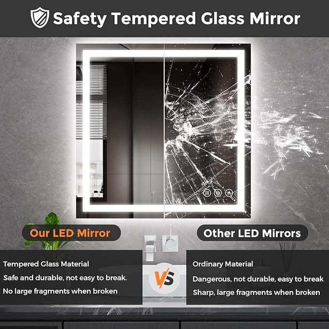 Koonmi 36x36 LED Bathroom Mirror, Backlit + Front Lit, LED Bathroom Mirror with Lights for Wall, 3 Colors, Anti-Fog, Dimmable Brightness, Memory Function, Tempered Glass
