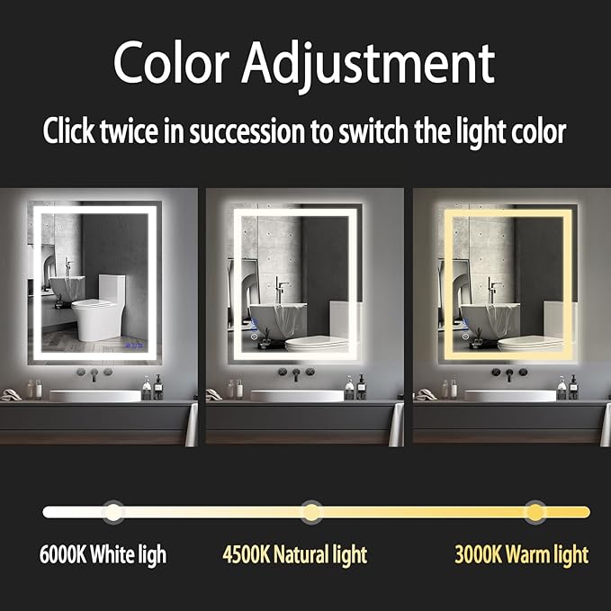 32x24 LED Bathroom Mirror with Lights LED Mirror for Bathroom Smart Vanity Makeup Mirror,Anti-Fog,Stepless Dimmable with Adjustable Color,Touch Switch,Memory Function,Shatterproof Design