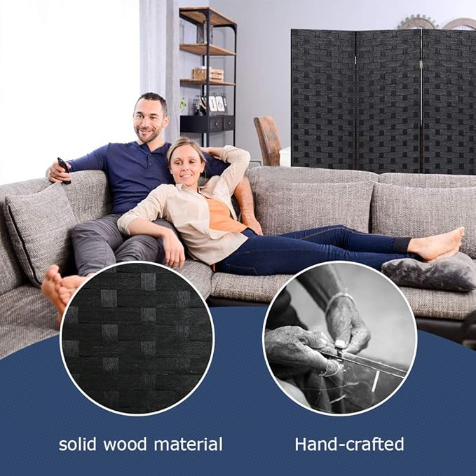 FDW Room Divider 6FT Wall Divider Wood Screen 4 Panels Wood Mesh Hand-Woven Design Room Screen Divider Indoor Folding Portable Partition Screen,Black