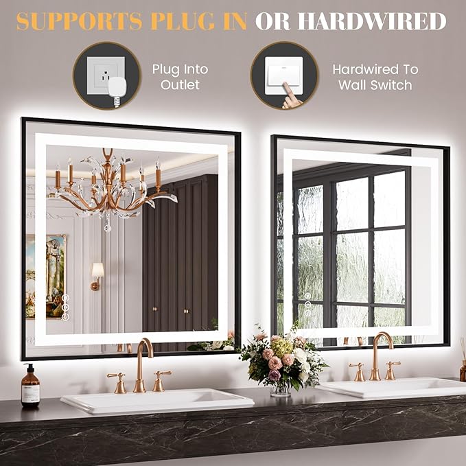 LED Bathroom Mirror,36"x36" Mirror with Black Frame, Front Light and Backlit, Stepless Dimmable, Anti-Fog, Shatter-Proof, Memory, 3 Colors, Double LED Vanity Mirror