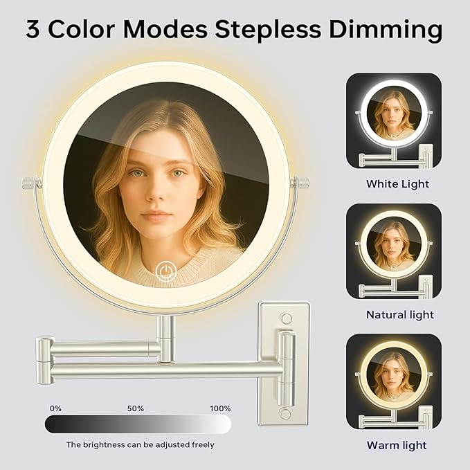 Rechargeable Lighted Makeup Mirror, 10x Magnifying Mirror, 3 Color Lights, Touch Screen Dimming, 360° Extendable Arm Wall Mounted Mirror for Bathroom Shaving (Brushed Nickel)