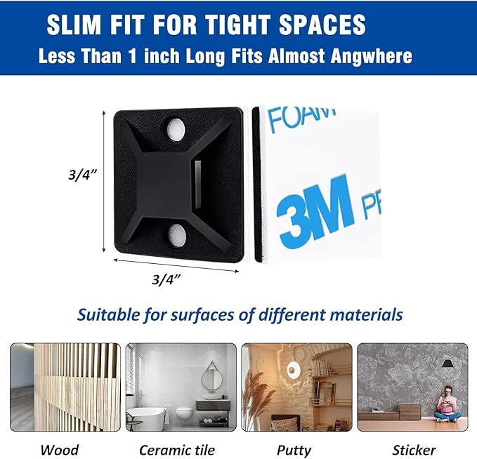 Strong Back-Glue Self Adhesive Cable Zip Tie Mounts Kit - 100 Set Cable Management Clips with 6" Zip Ties, Wire Holders - Outdoor Sticky Wire Organizer Clips-Black