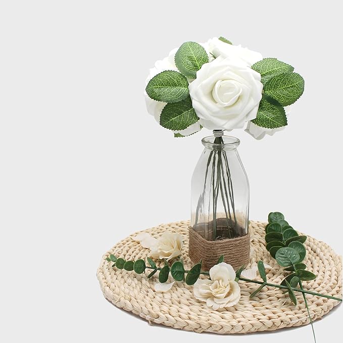 JOYLEX Artificial Flowers Realistic Roses, 25pcs Real Looking Fake Roses with Stem for DIY Wedding Bouquets Centerpieces Bridal Shower Party Home Romantic Decorations (Regular 3" - 25pcs, White)