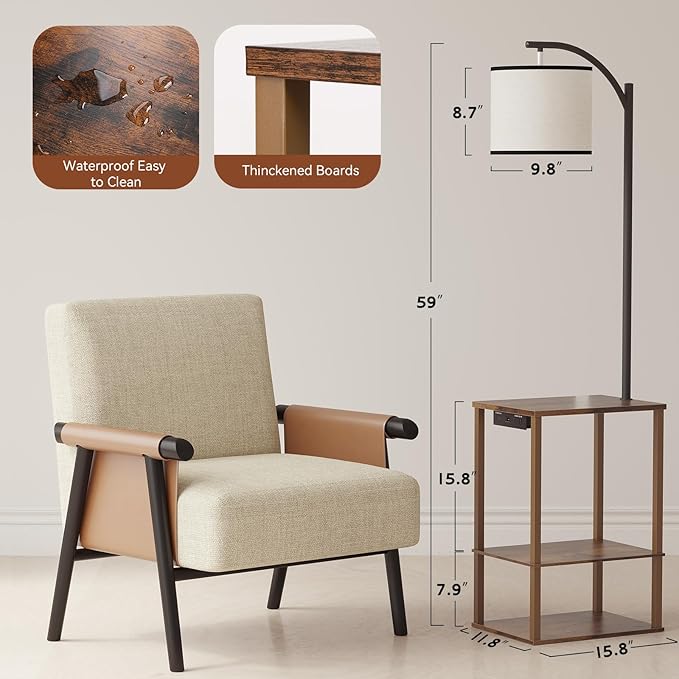 SUNMORY Floor Lamp with Table, End Table for Living Room with Lamp, Shelves Side Table with Charging Station(USB & AC Port), 3 Color Temperature LED Bulb, Modern Nightstand Lamp for Bedroom, Office
