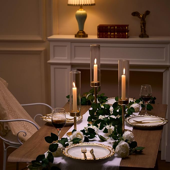Gold Hurricane Candle Holders Set of 6, Tall Metal & Windproof Glass Taper Candle Holders, Outdoor/Indoor Table Centerpieces for Weddings, Christmas, Parties, Fireplace Decor