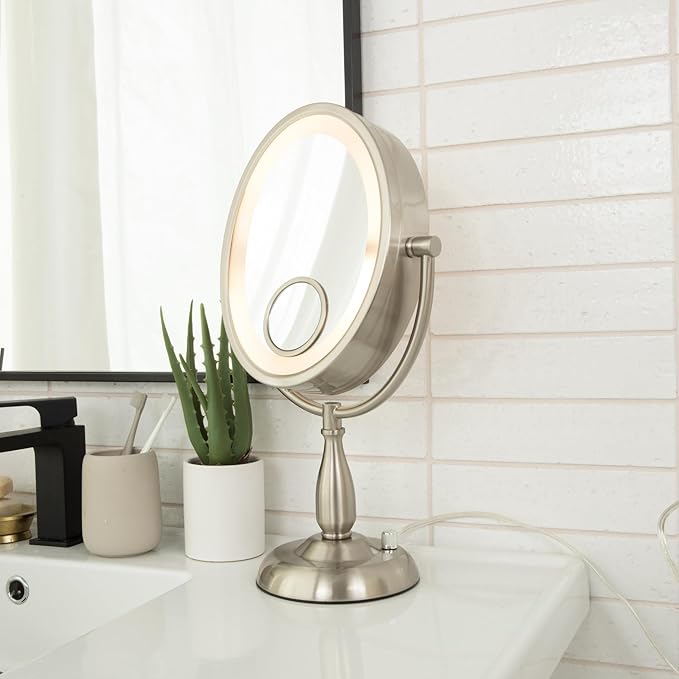 JERDON Lighted Makeup Mirror with 10X-1X Magnification & 15X Spot Mirror - Nickel Finish - Model HL9510NL