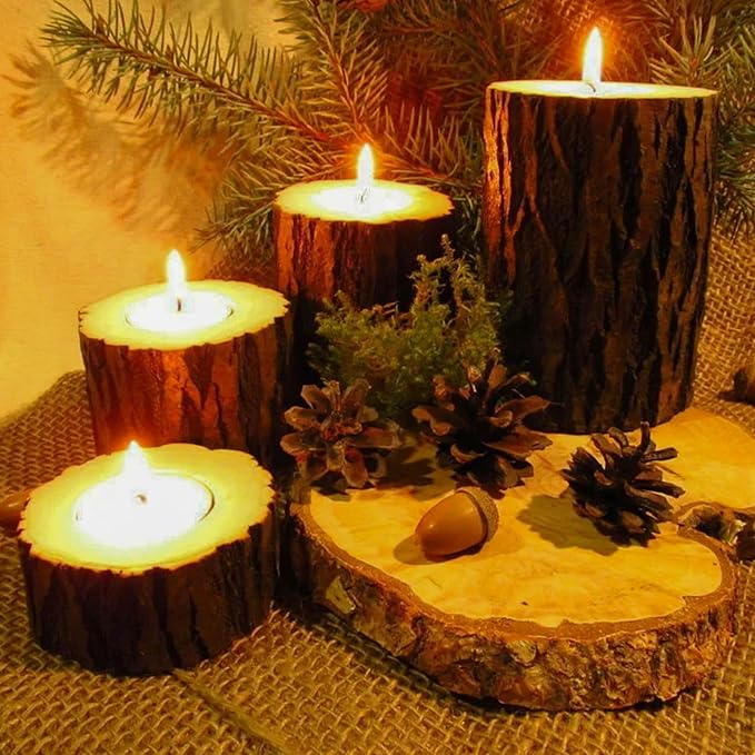 FUNSUEI 18 PCS Wooden Tea Light Candle Holders, Rustic Wood Votive Log Candle Holders, Rustic Wood Votive Candle Holder for Table Decoration, 3 Sizes
