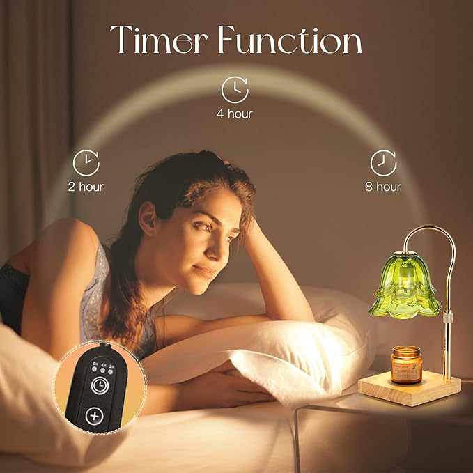 Candle Warmer Lamp with Timer: Green Flower Candle Warming Lamp with 2 Bulbs Height Adjustable Wax Warmer Dimmable Bedroom Decor Christmas Gift for Women