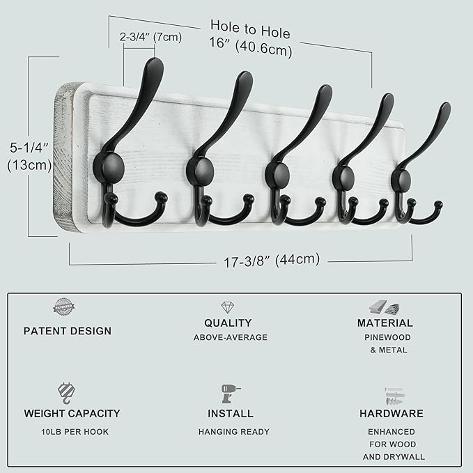 Dseap Coat Rack Wall Mounted - 5 Tri Hooks, Heavy Duty, Wooden Wall Coat Hanger Coat Hook for Clothes Hat Jacket Clothing, White & Black