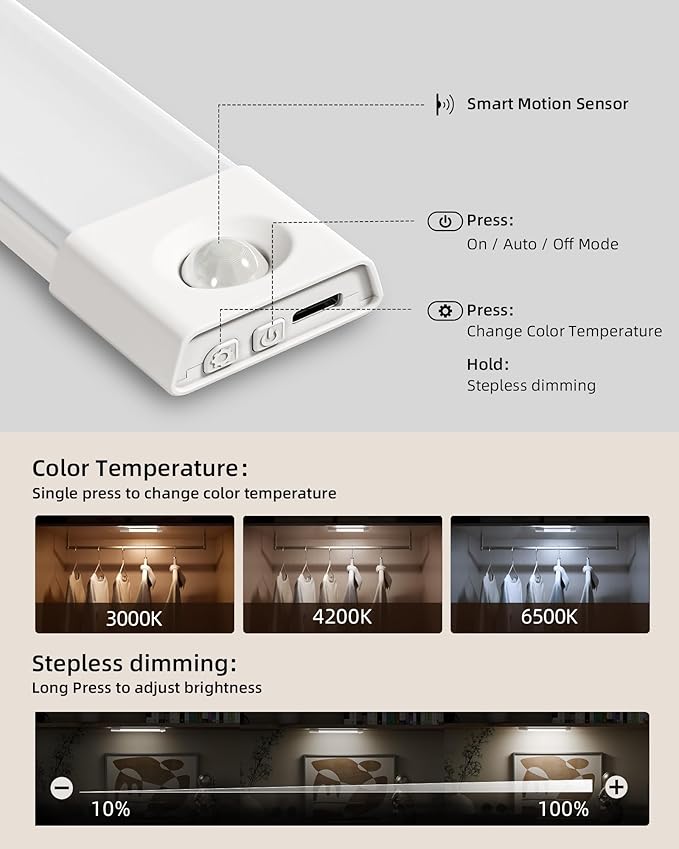 EZVALO 3 Pack 7” Motion Sensor Light Indoor, Wireless Under Cabinet Lighting, 30 LED Rechargeable Closet Lights, Dimmable, 3 Color Temperatures, Counter Lights for Wardrobe, Pantry, Bedroom, Kitchen