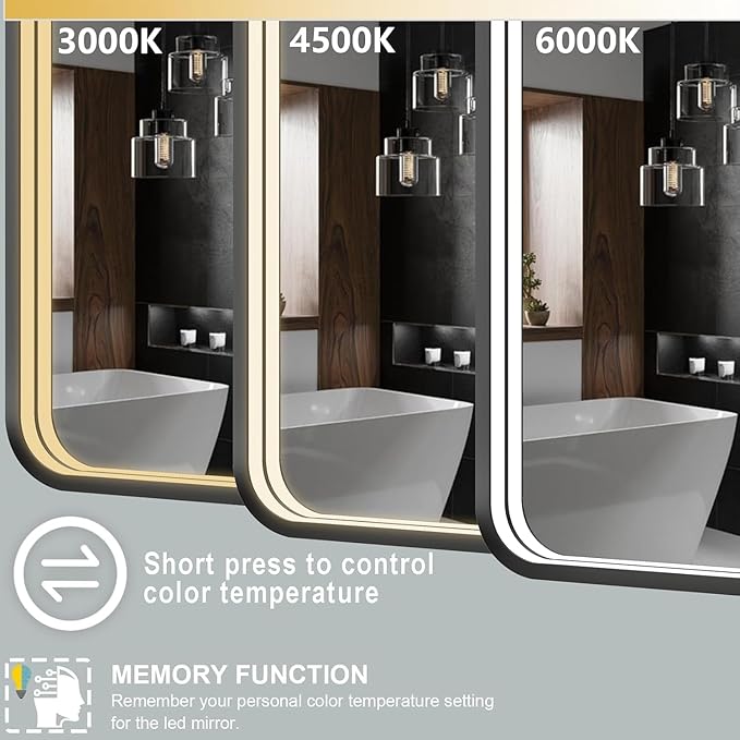 24x32 Inch LED Bathroom Mirror with Lights, Black Metal Framed LED Mirror for Bathroom, 3 Colors and Stepless Dimmable Wall Mounted Lighted Bathroom Vanity Mirror, Anti-Fog, Memory