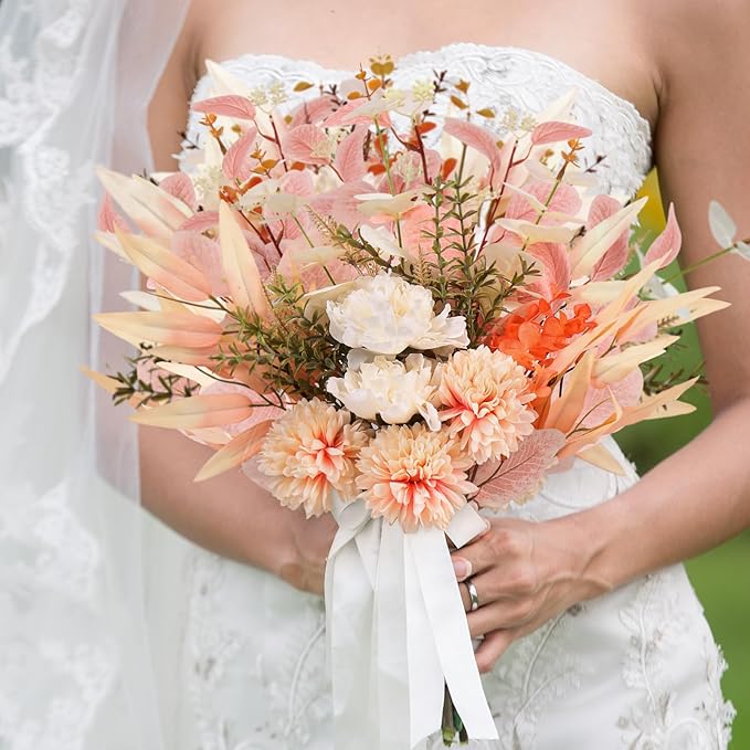 Fake Artificial Flowers Bouquet for Decoration, Silk Flower Arrangements Faux Flowers Plant Wedding Bride Bouquets Tables Centerpieces for Rustic Home Decor Indoor Vase Floral Table Decor (Champagne)