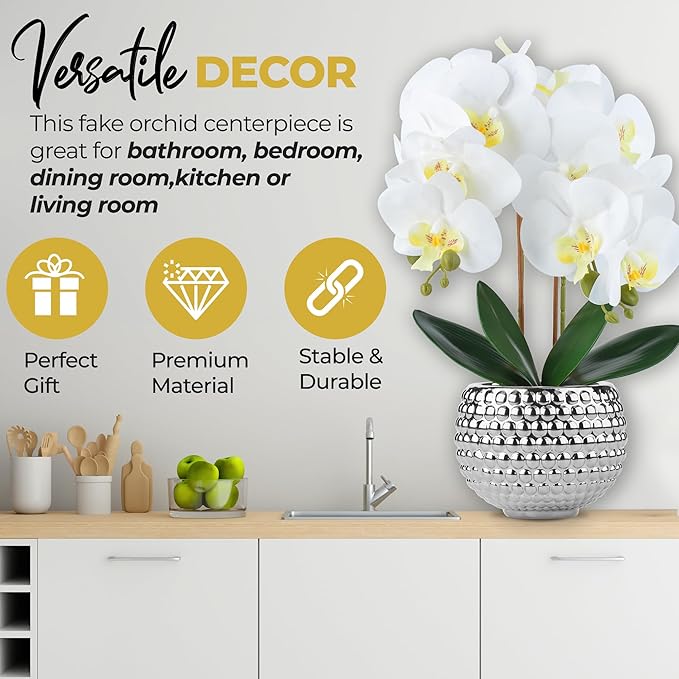 Large Orchids Artificial Flowers, 17'' White Faux Orchids with Gold Pot for Living Room Decor, White Faux Orchid Plant for Bathroom Kitchen Home Indoor Hotel Decor (Large Silver)