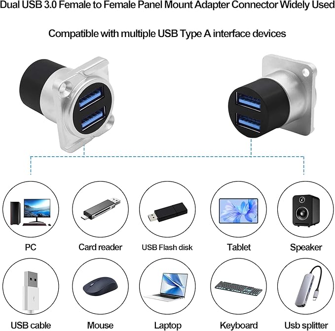 Dual USB 3.0 Panel Mount Adapter USB Type A Dual Female to 2 Female Coupler Bulkhead Fixed Mount Embedded D-Type Pass Though Connector for Data Transfer/Charging -Silver (D-Type)
