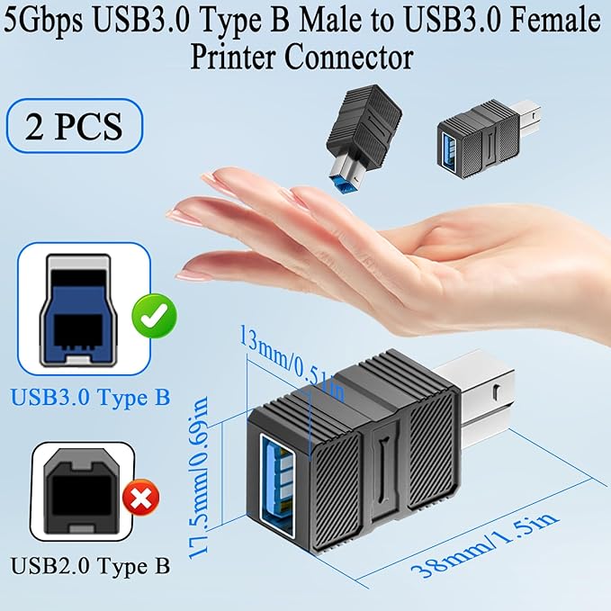 QIANRENON 5Gbps USB3.0 B to USB 3.0 Data Connector USB3.0 Type B Male to Type A Female Printer Adapter USB-B 3.0 to USB-A 3.0 Converter, for Hard Drive Scanner (Unsuitable USB-B 2.0), 2Pcs
