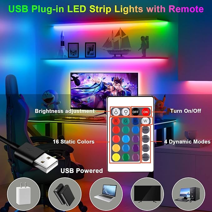 HOUHUI LED Strip Lights Kit, 2x6.56Ft RGB LED Lights Strip for 40-60in TV LED Backlight, Color Changing Strip Light Waterproof IP65 with Remote, USB TV Lights Bias Lighting for Home PC Monitor Desk