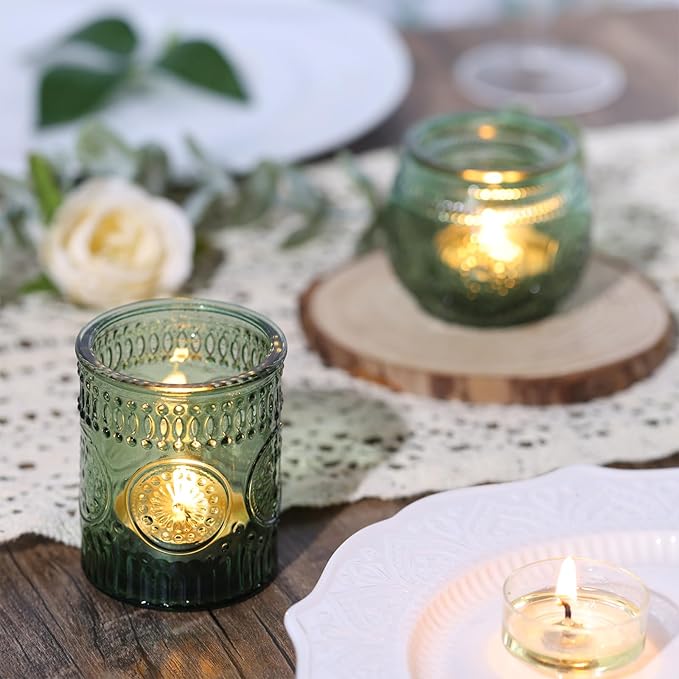DARJEN 48Pcs Green Votive Candle Holders- Glass Candle Holders Bulk for Flameless LED Tea Waxes, Romantic Candle Holder for Wedding Decor, Various Parties & Dinner Table