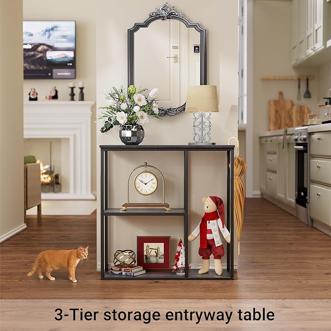 WOHOMO Console Table, 12 Inch Narrow Entryway Table with 3-Tier Storage Shelves 31.5 Inch Industrial Sofa Table Small Hallway Table for Living Room Grey