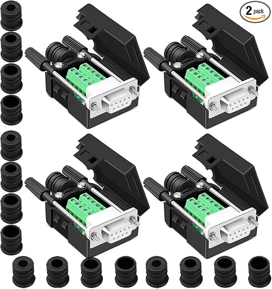 4PCS DB9 Female Breakout Connector,DB9 Solderless RS232 D-SUB Serial to 9-pin Port Terminal Adapter Connector Breakout Board with Case Long Bolts Tail Pipe