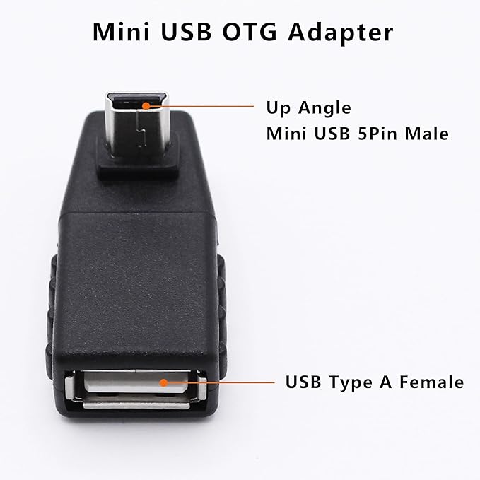 90 Degree Mini USB to USB A OTG Adapter,Down Angle Mini USB 5-Pin Type B Male to USB Type A Female Adapter Converter for Digital Cameras,Black(2 Pack,Down)