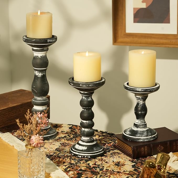 Wood Pillar Candle Holder: 3Pcs Rustic Candle Holders for Pillar Candles Wood Candle Holders Distressed Wooden Farmhouse Large Candle Holder for Fireplace Table (Black, 6", 8", 12")