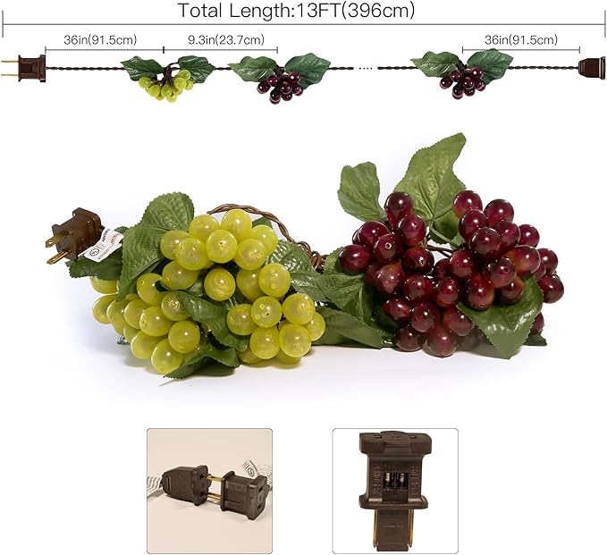 LIDORE Grape Vine String Lights, 100 LED Grape Lights, Fruit String Lights for Kitchen, Wine Cabinet, Home Decoration, 10 Cluster Purple and Green Grapes Christmas Lights